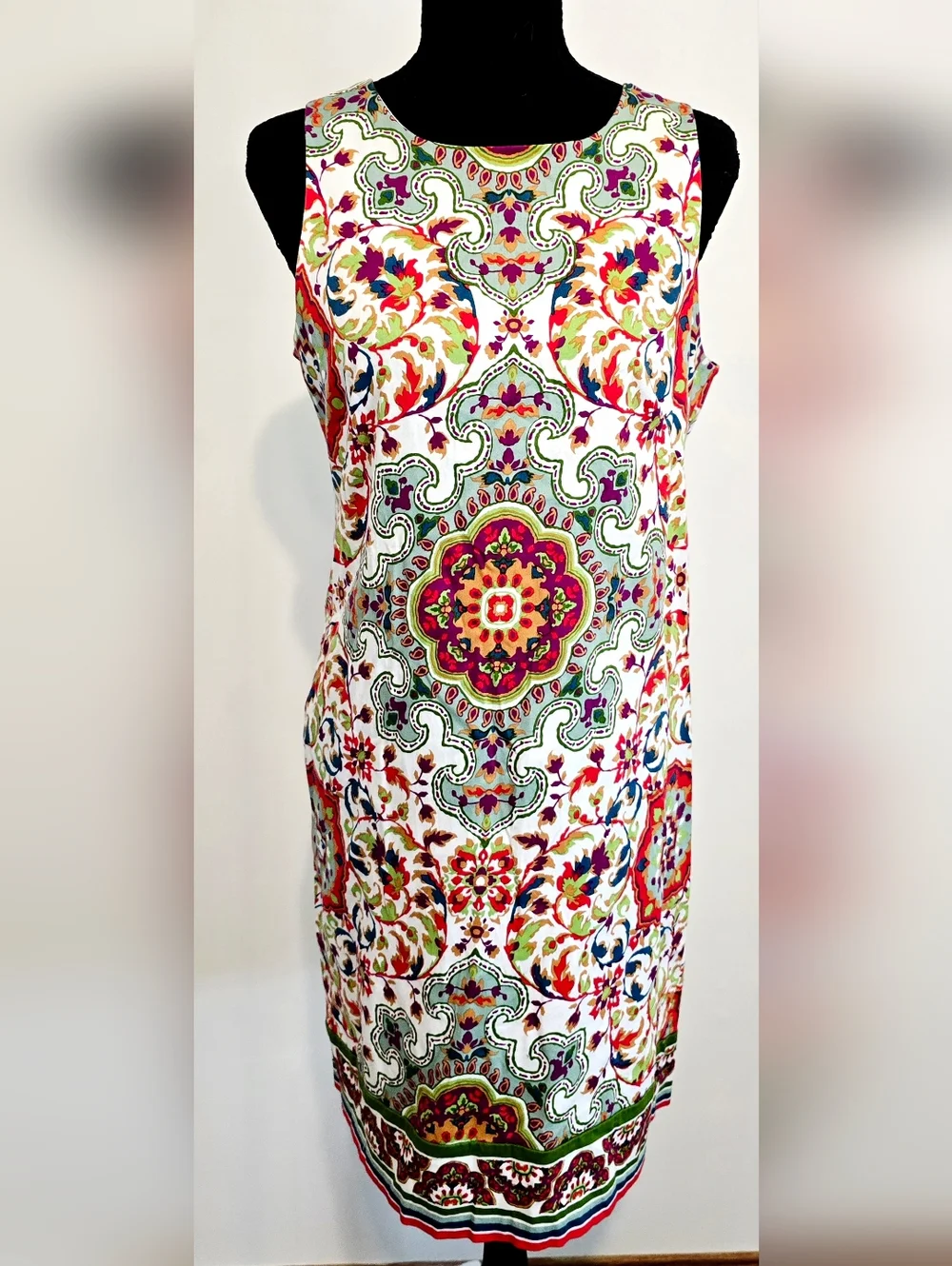 London Times Floral Shift Dress Boho Medallion Print Sleeveless Size 10 - Picture 9 of 10